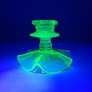 Vintage Green Vaseline Depression Uranium Glass Candlestick Holder